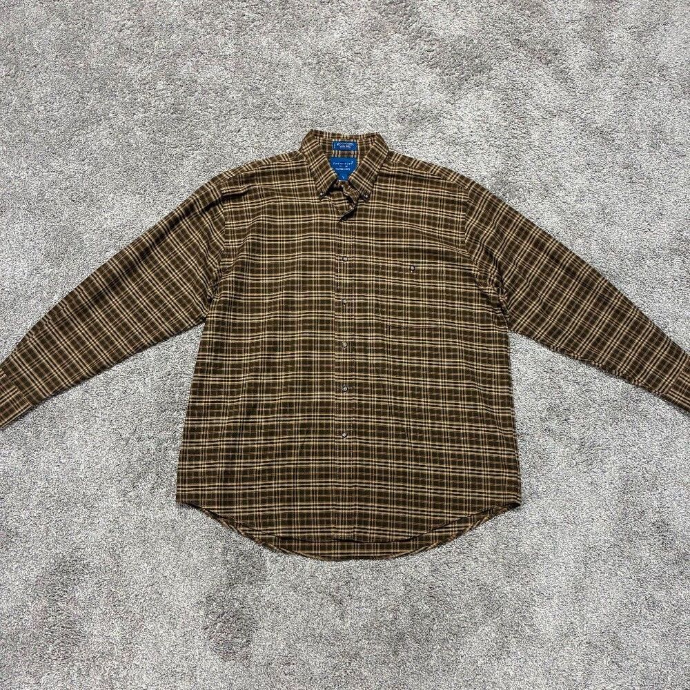 Towncraft Wrinkle-Free Shirt Men’s Large Plaid Button Down Brown Tan Long Sleeve